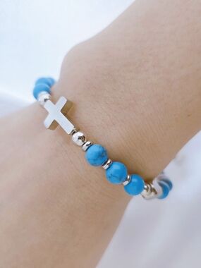 Turquoise Bead Bracelet w/ Cross Charm , Silver-Plated Stainless Steel